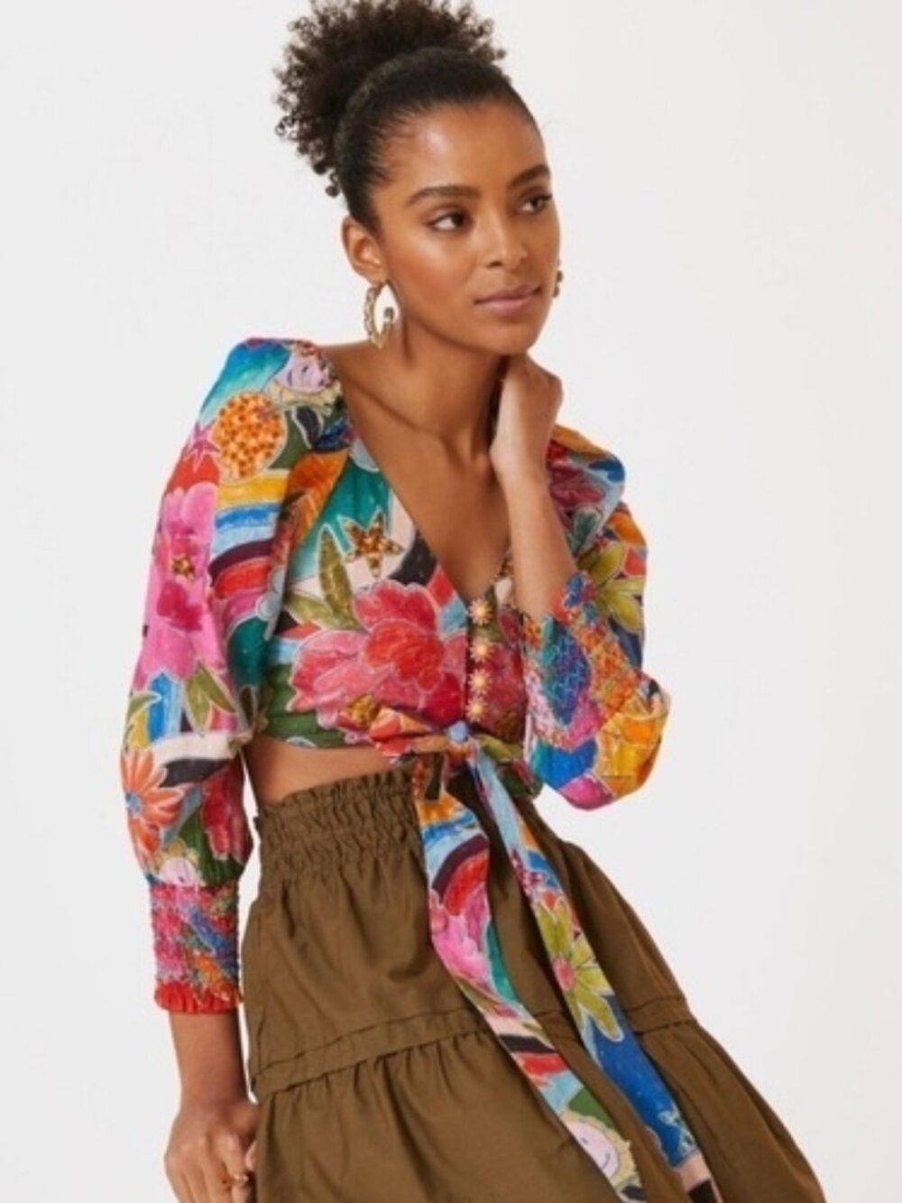 Anthropologie x Farm Rio Deep-V Neck Tie-Waist Top Colorful Floral Size Large